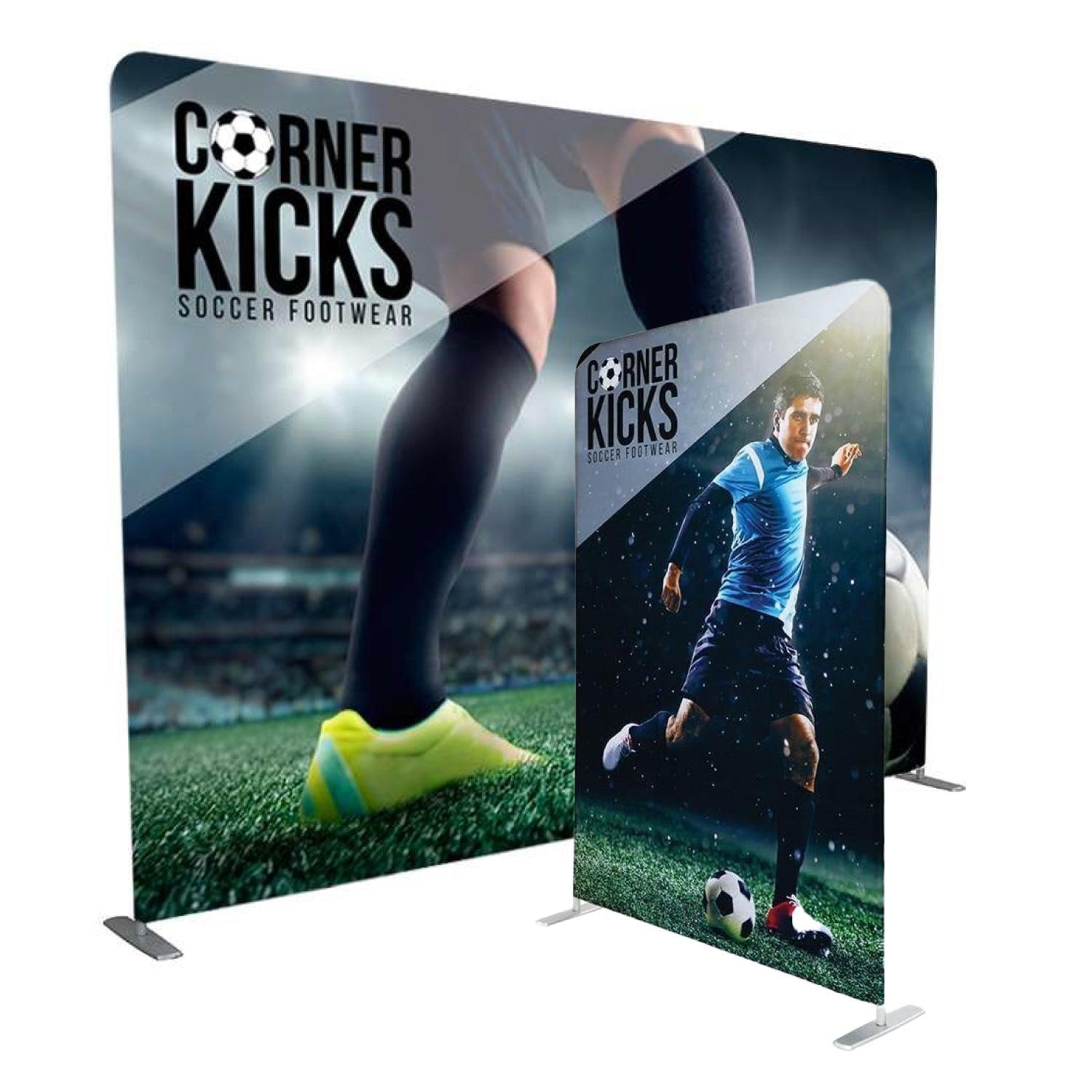 Trade show tension fabric displays showcasing soccer footwear advertising with dynamic soccer player images