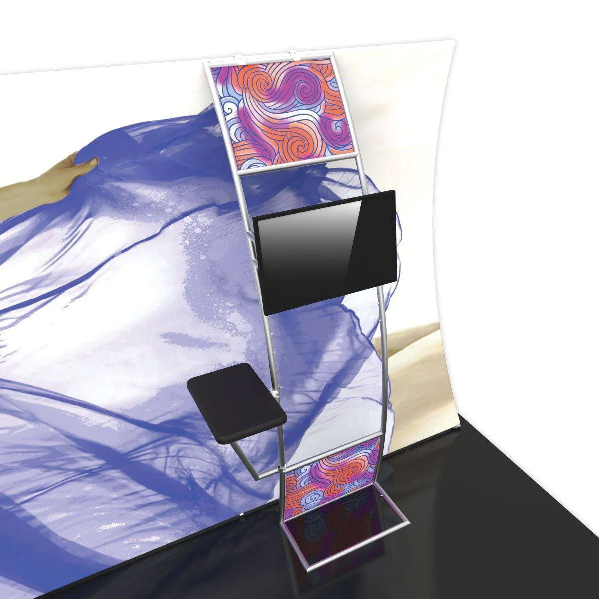 Trade show display stand with mounted monitor, shelves, and decorative fabric panels for exhibitions