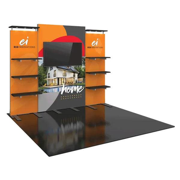 Trade show booth with branded panels, multiple shelves, and large central screen for exhibitions and events