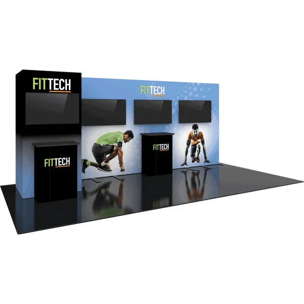 Trade show display booth with large printed backdrop, multiple screens, and branded counters for exhibitions and special events