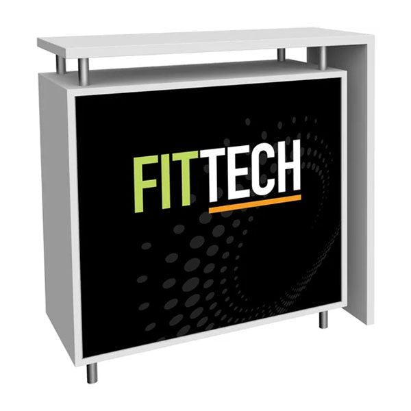 Modular trade show counter with branded front panel for exhibitions and special events