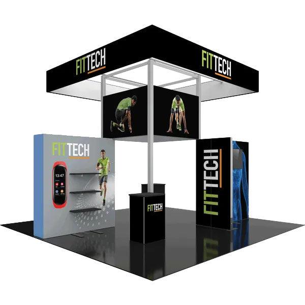Modular trade show booth with FITTECH branding, digital displays, shelving, and promotional graphics for exhibitions