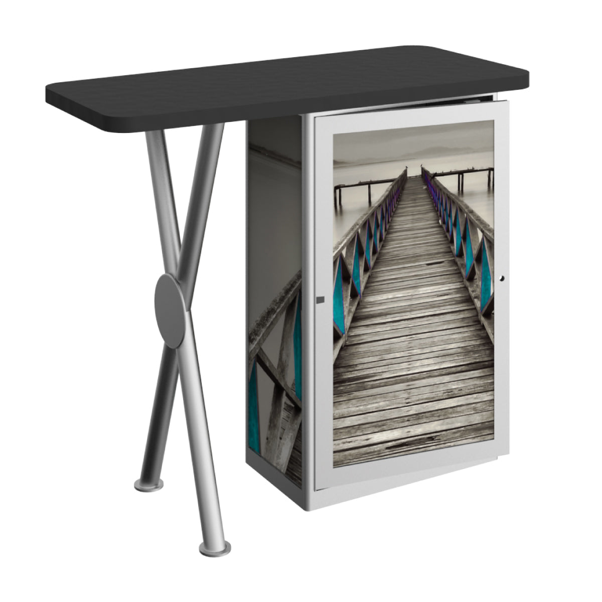 Compact trade show counter with printed graphic panel and sturdy display table for exhibitions