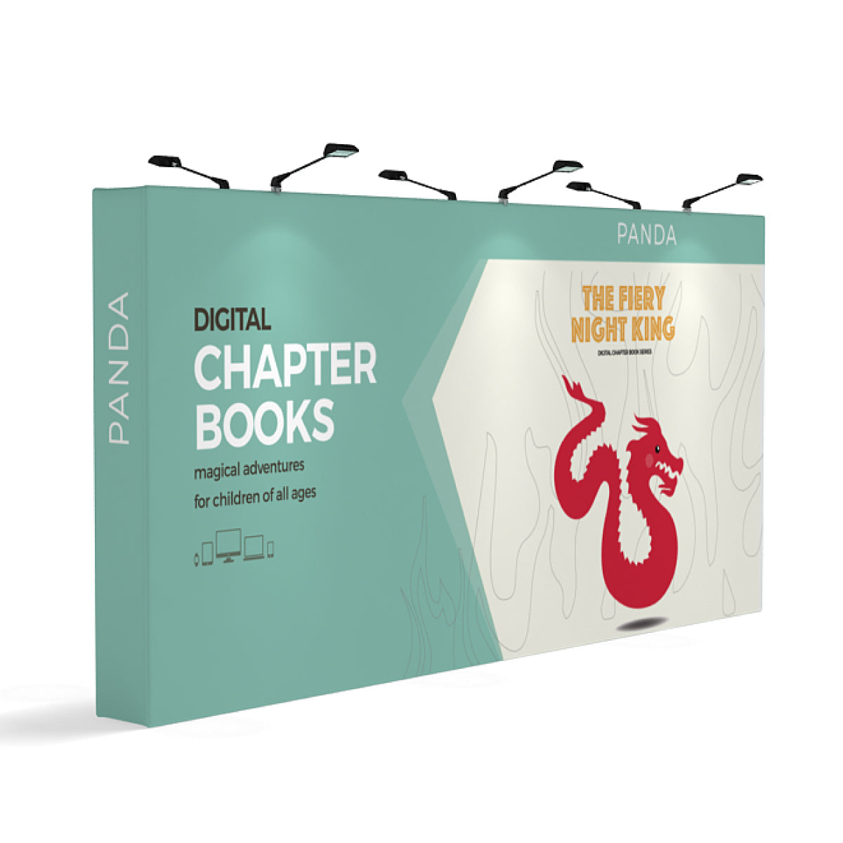 Trade show display stand featuring digital chapter book promotion with dragon graphic for exhibitions and events
