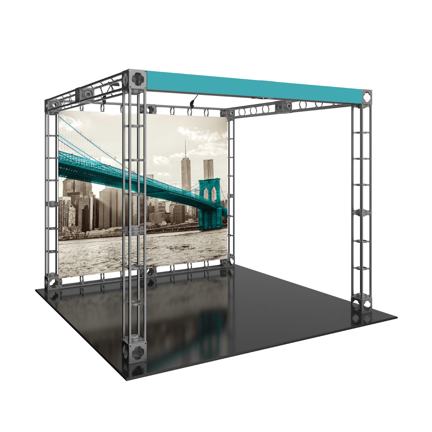 Trade show truss booth featuring large printed backdrop with city bridge for exhibitions and events