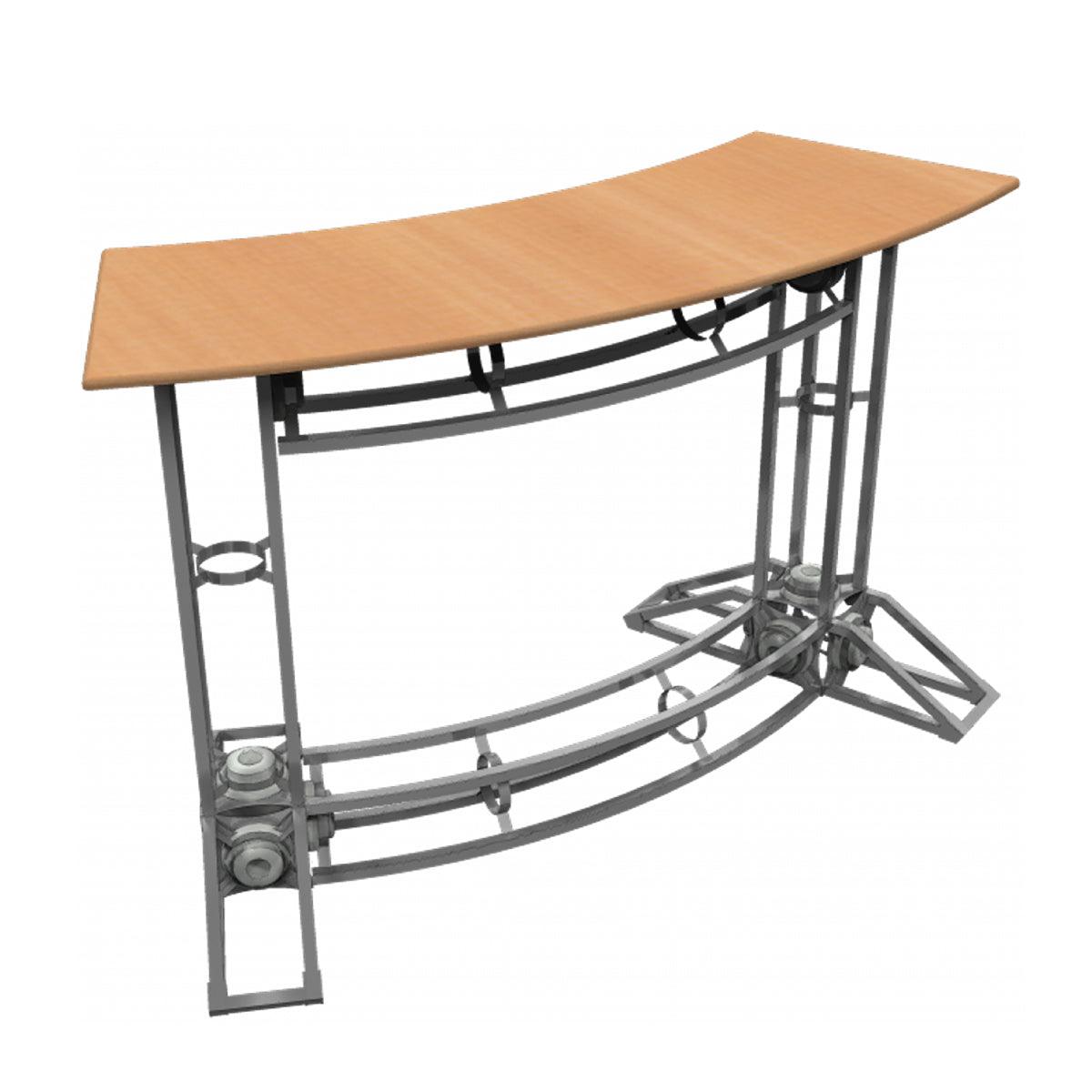Curved trade show counter with metal frame and flat surface for exhibitions and special events
