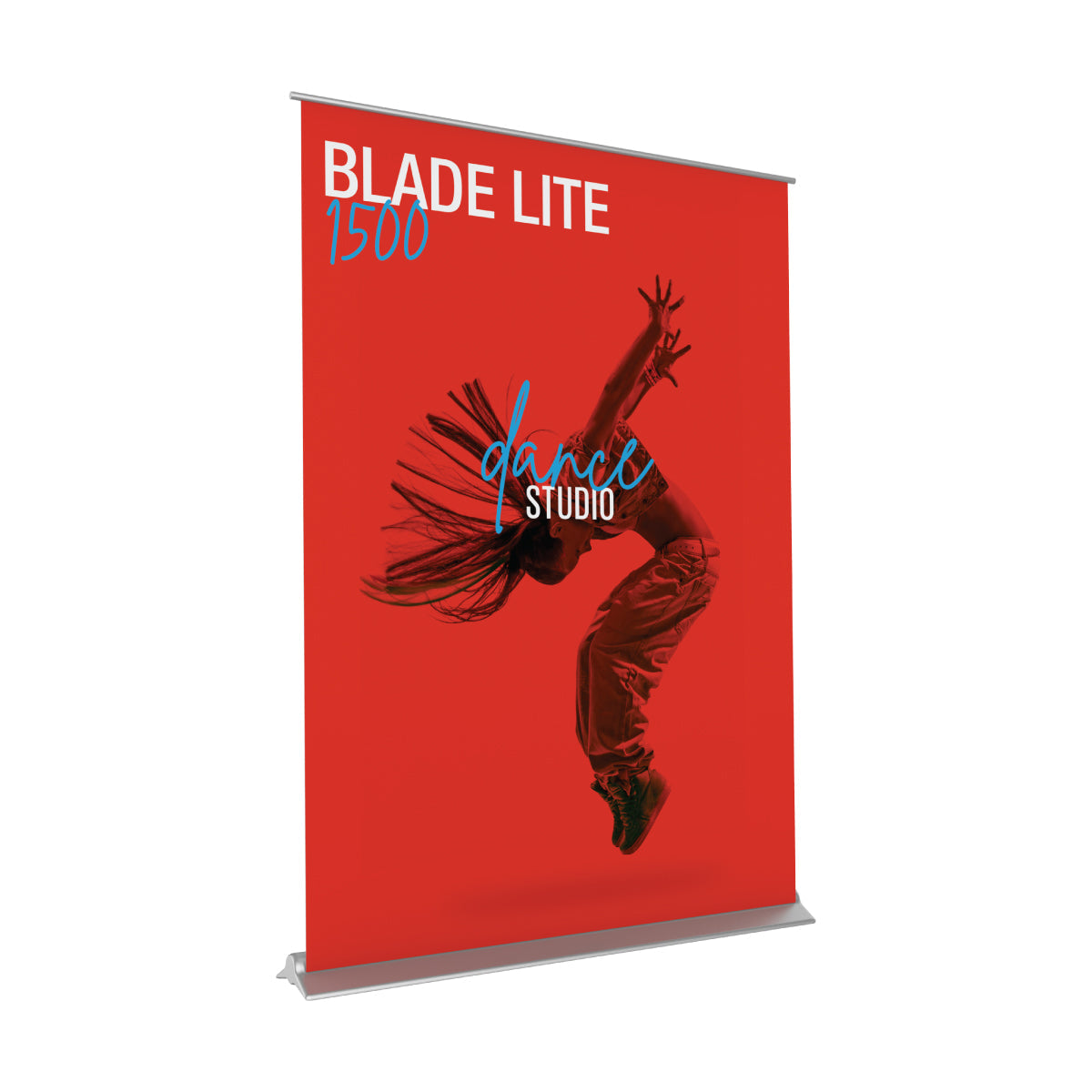 Retractable banner stand showcasing dynamic dance studio advertisement for trade shows and exhibitions