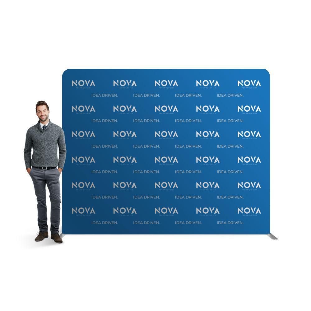 Tension fabric trade show backdrop display with logo pattern, ideal for exhibitions and events