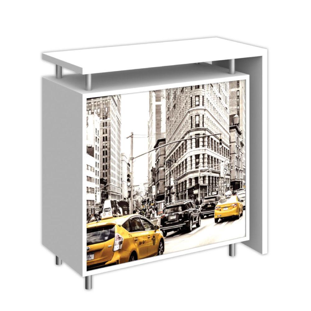 Trade show counter with graphic print of city street scene featuring taxis and buildings