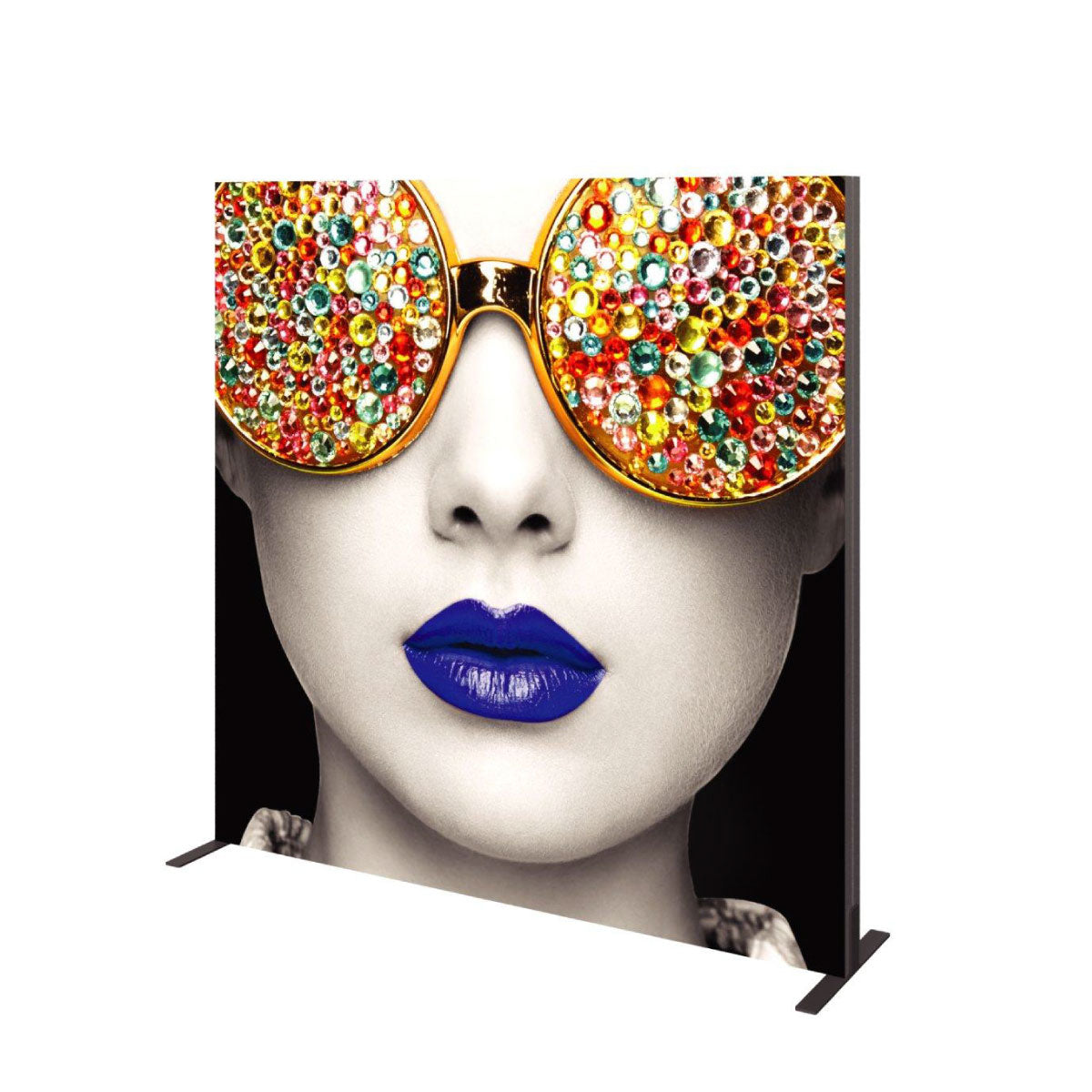 Trade show lightbox featuring artistic face with oversized jeweled glasses and bold lips for exhibitions