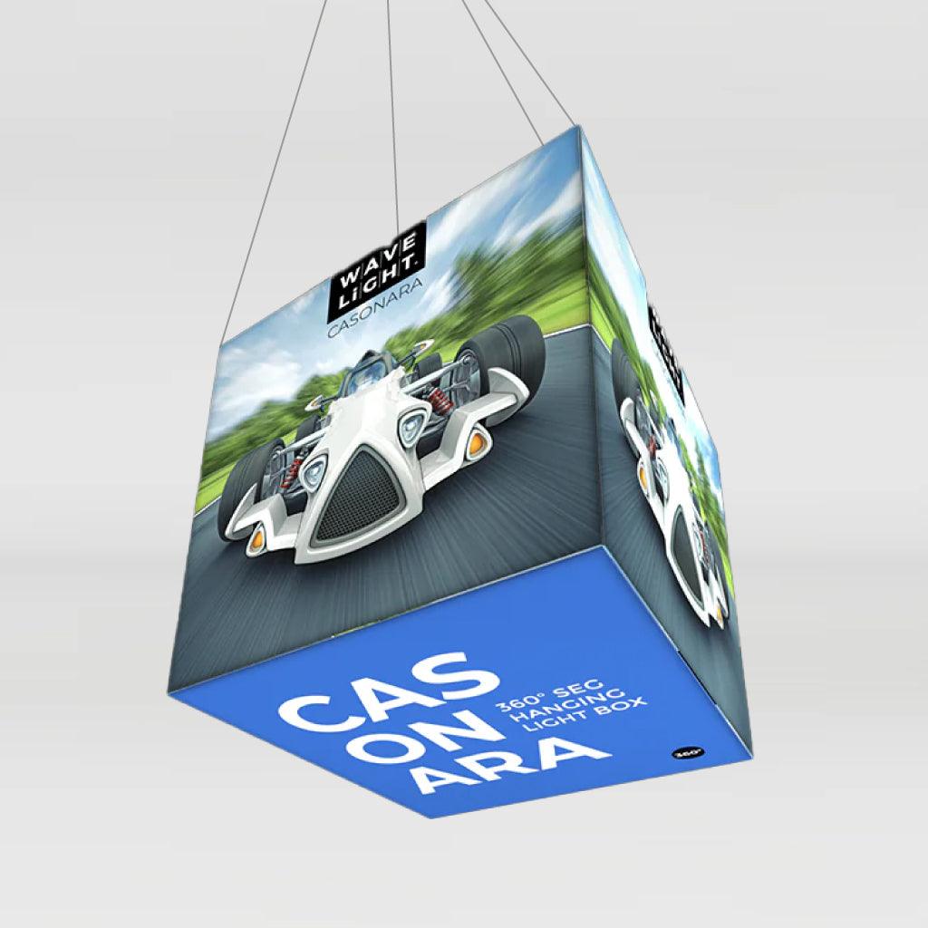 360-degree hanging light box with racing car graphic for trade shows and exhibitions