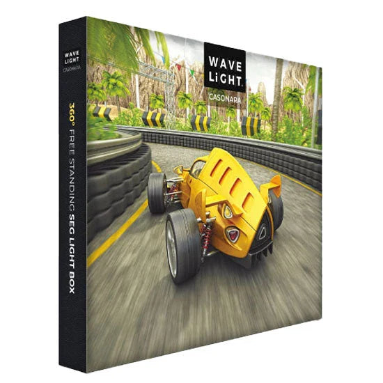 Free standing SEG light box display showcasing a dynamic racing car scene, ideal for trade shows and exhibitions