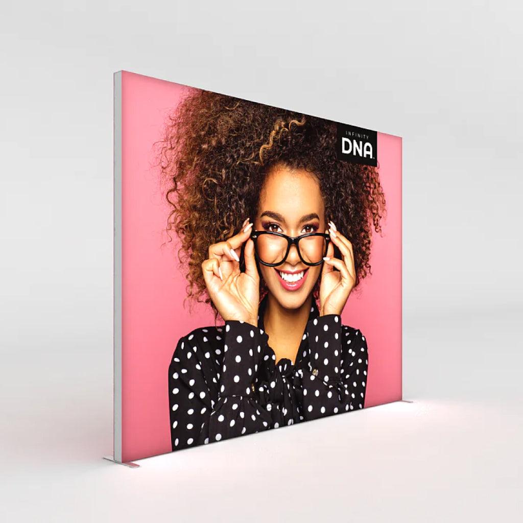 Infinity DNA pro light box display featuring a vibrant smiling woman for trade shows and exhibitions