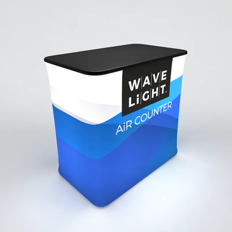 Compact promotional air counter with branded wrap for trade shows and exhibitions