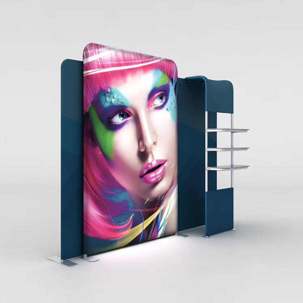 LED light box display with shelves for trade shows and exhibitions featuring vibrant graphic art