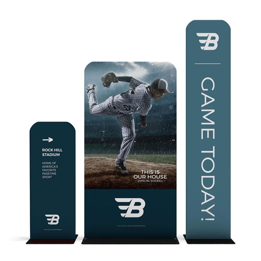 Trade show waveline banner stands displaying baseball pitcher and event promotional messages for exhibitions and special events