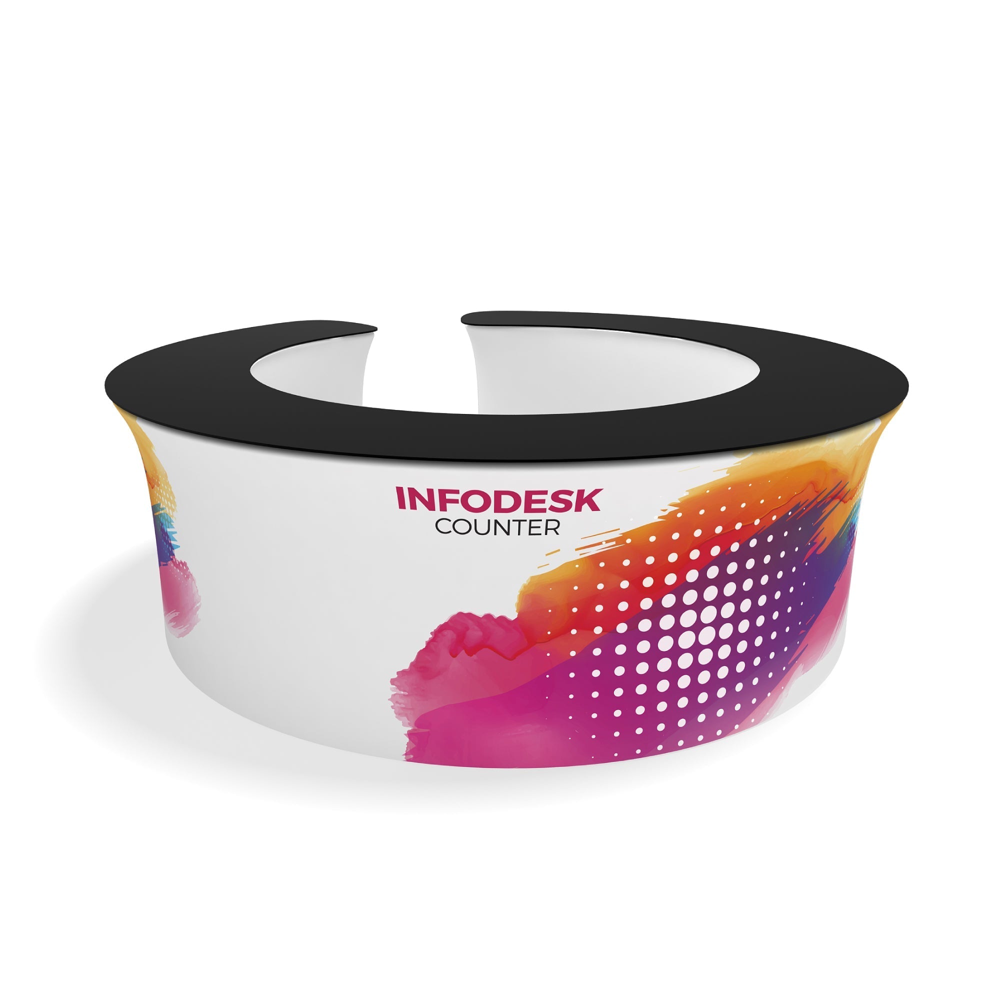 Circular info desk counter with branded fabric wrap for trade shows and exhibitions