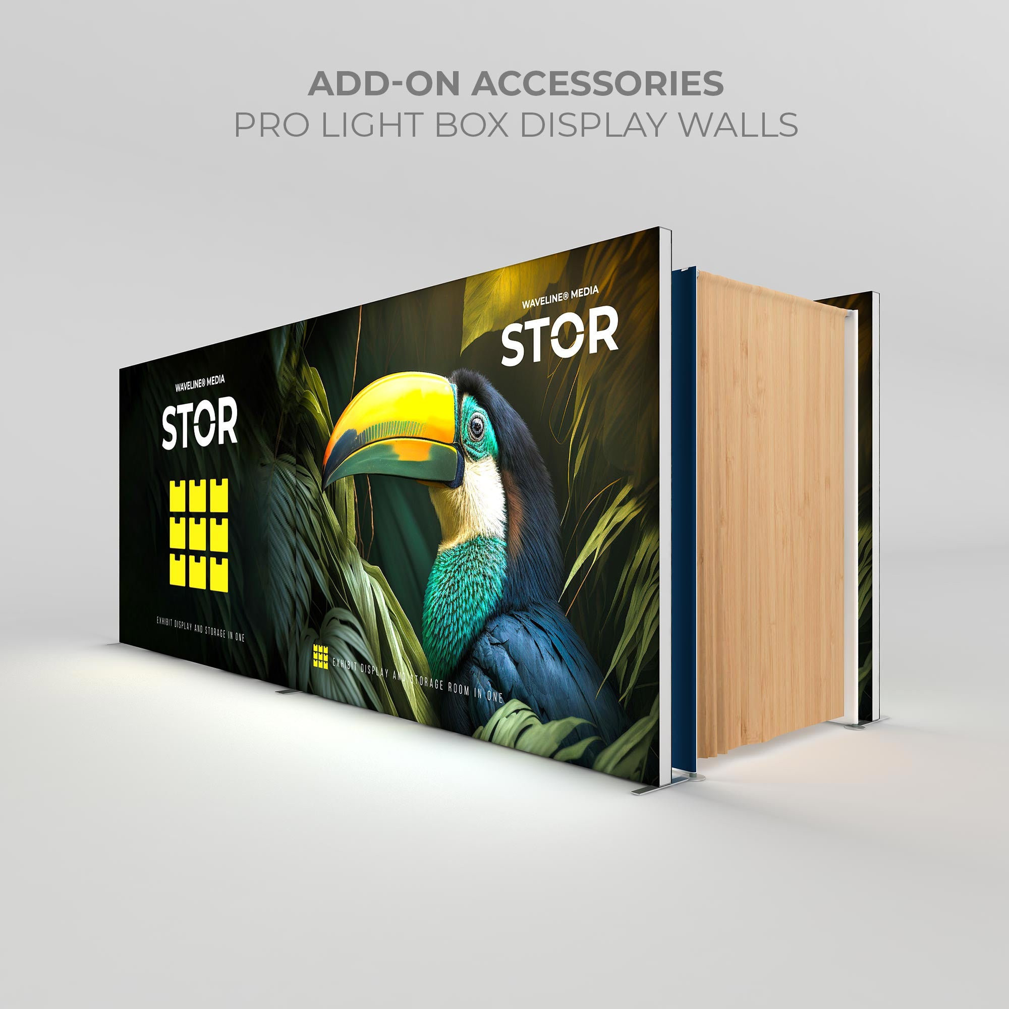 Pro light box display wall with vibrant toucan graphic, used for trade shows and exhibitions