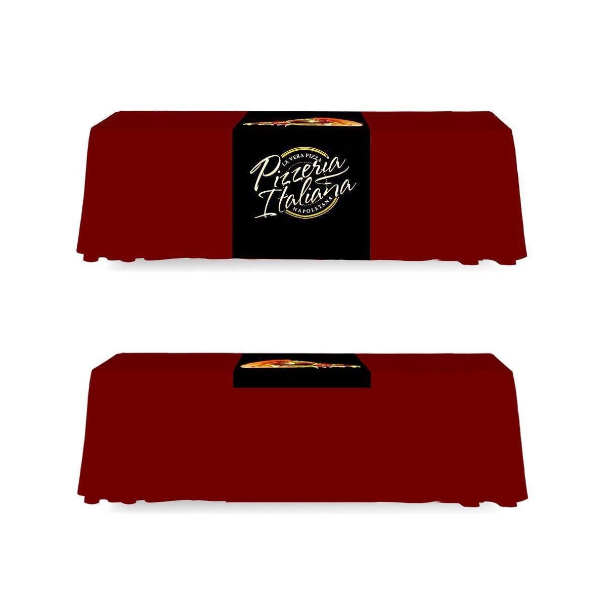 Trade show table with branded table runner and centerpiece featuring Pizzeria Italiana logo and pizza image