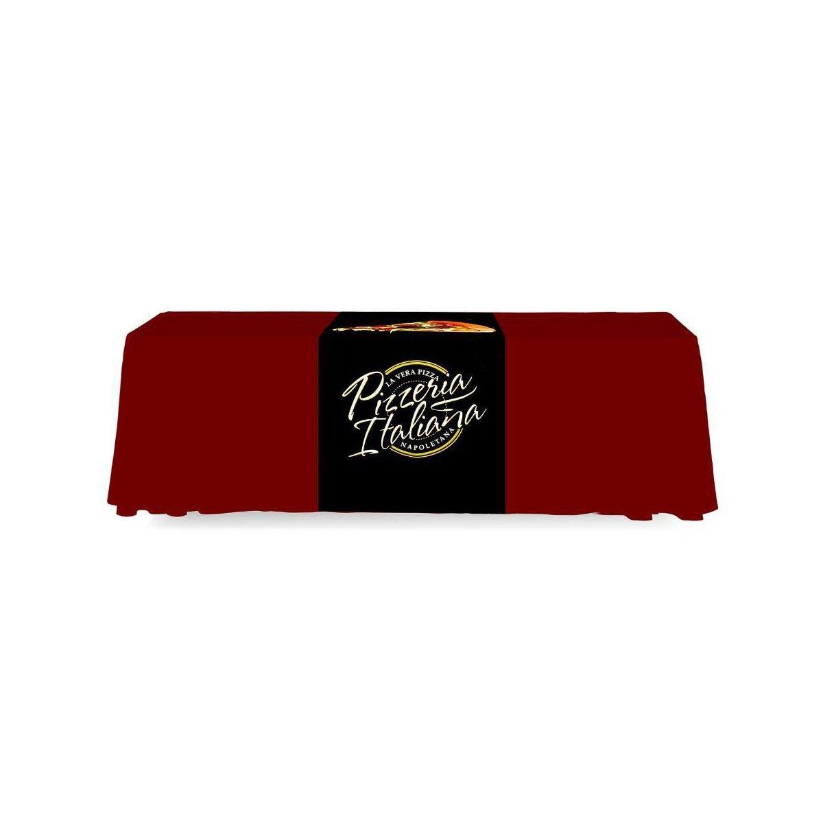 Trade show table with branded table runner featuring Italian pizzeria logo for exhibitions and events