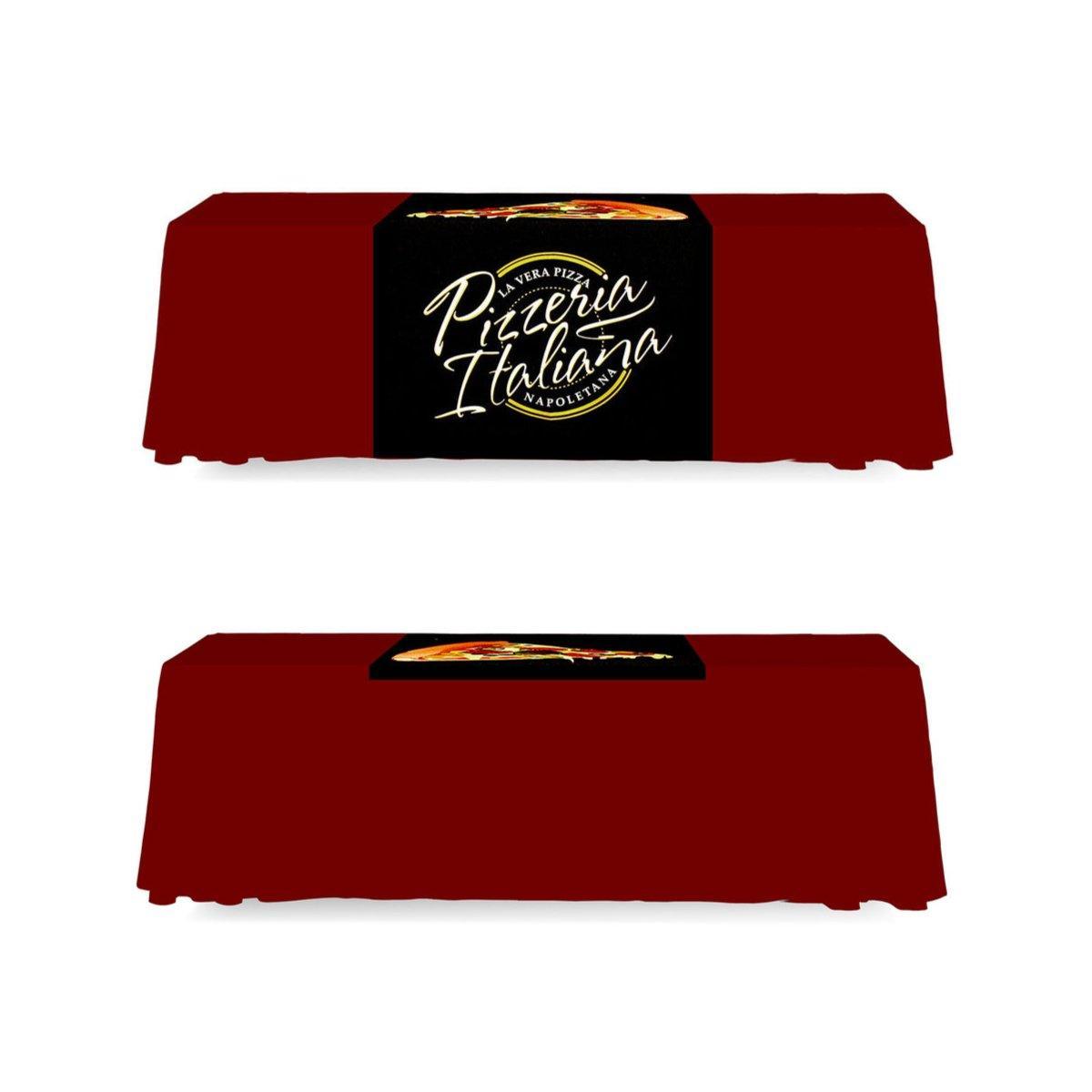 Table runner with Pizzeria Italiana logo displayed on trade show or exhibition table setup