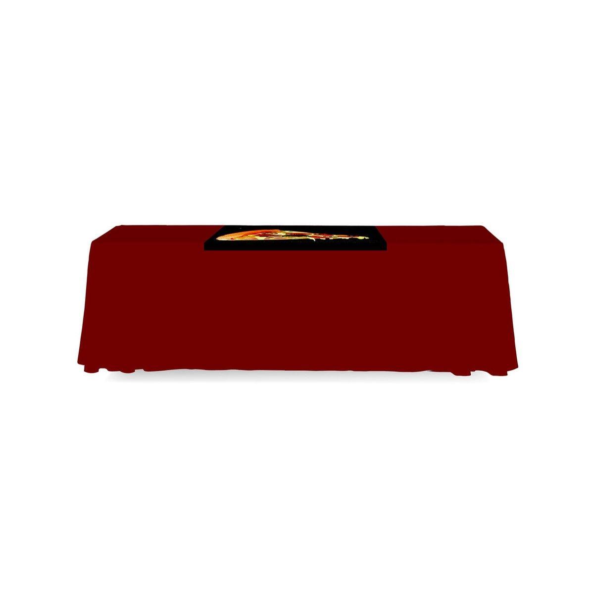 Table covered with branded fabric table runner designed for trade shows and special events