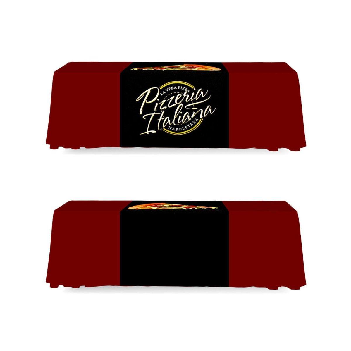 Custom table runners with Pizzeria Italiana logo for trade shows and exhibition displays