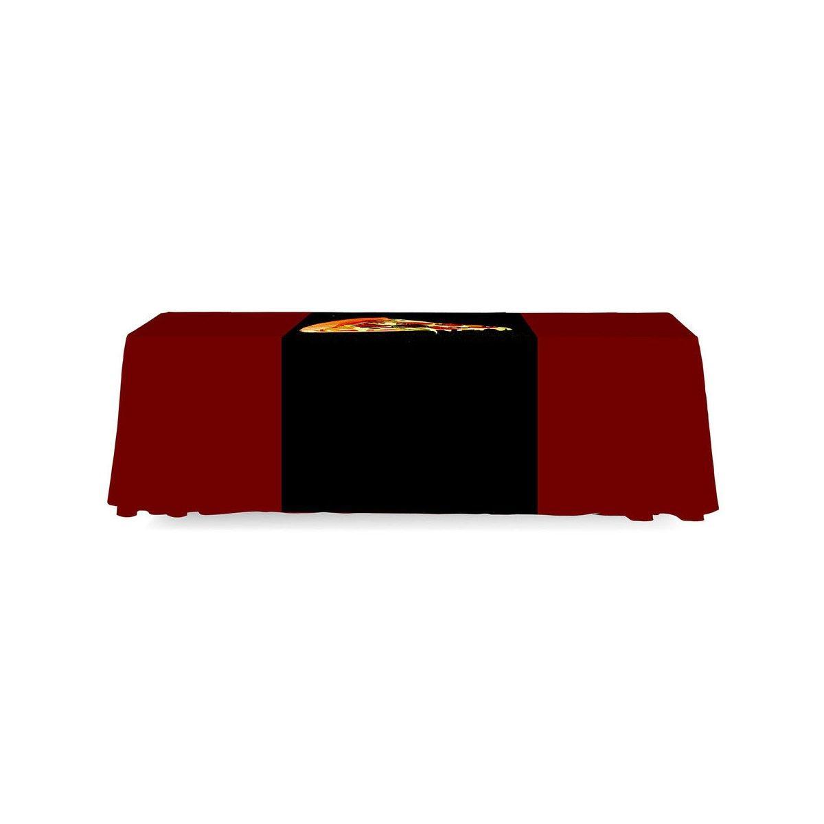 Table runner with a pizza graphic displayed on a trade show table for exhibitions and special events