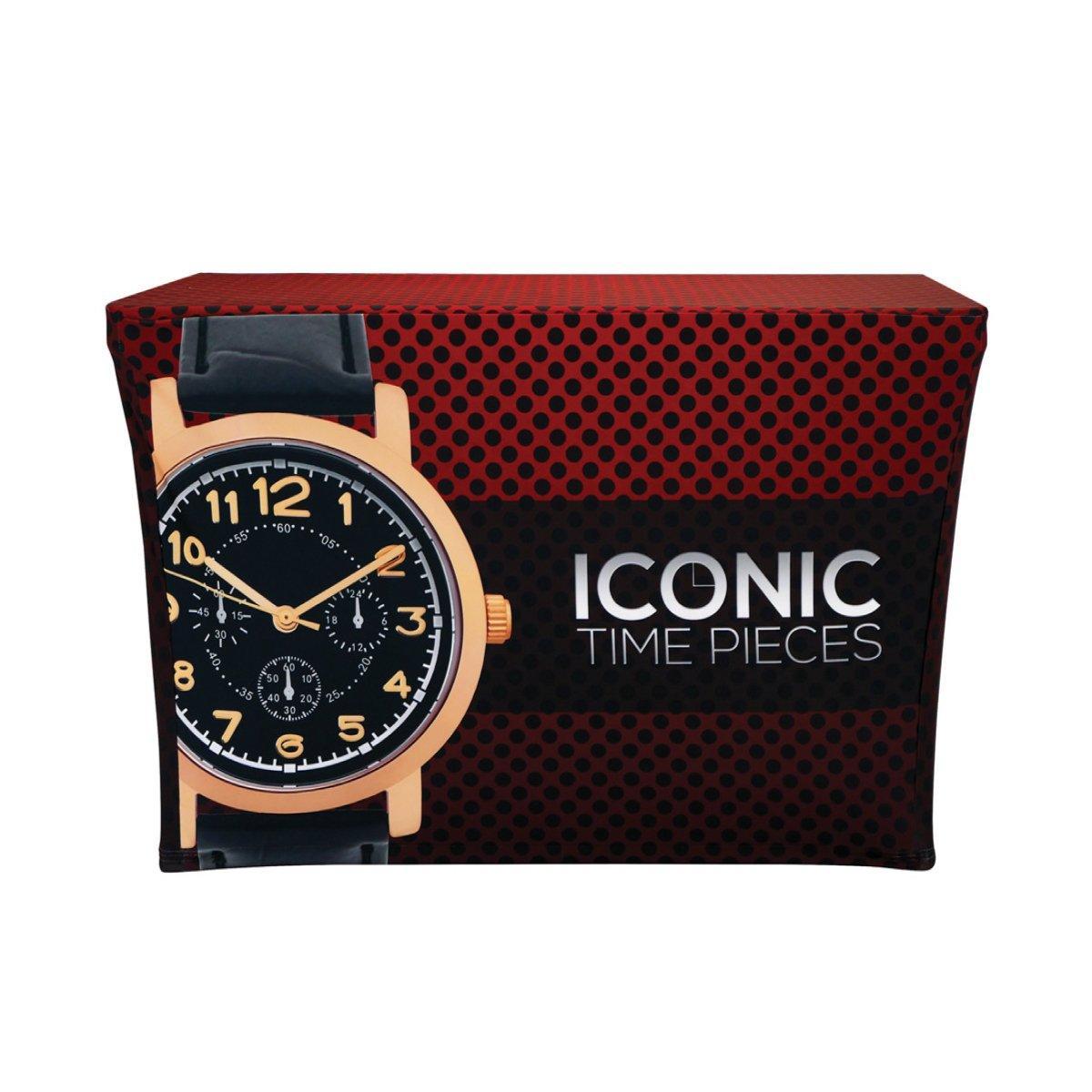Trade show table cover with watch graphic and text 'Iconic Time Pieces' for exhibitions and special events