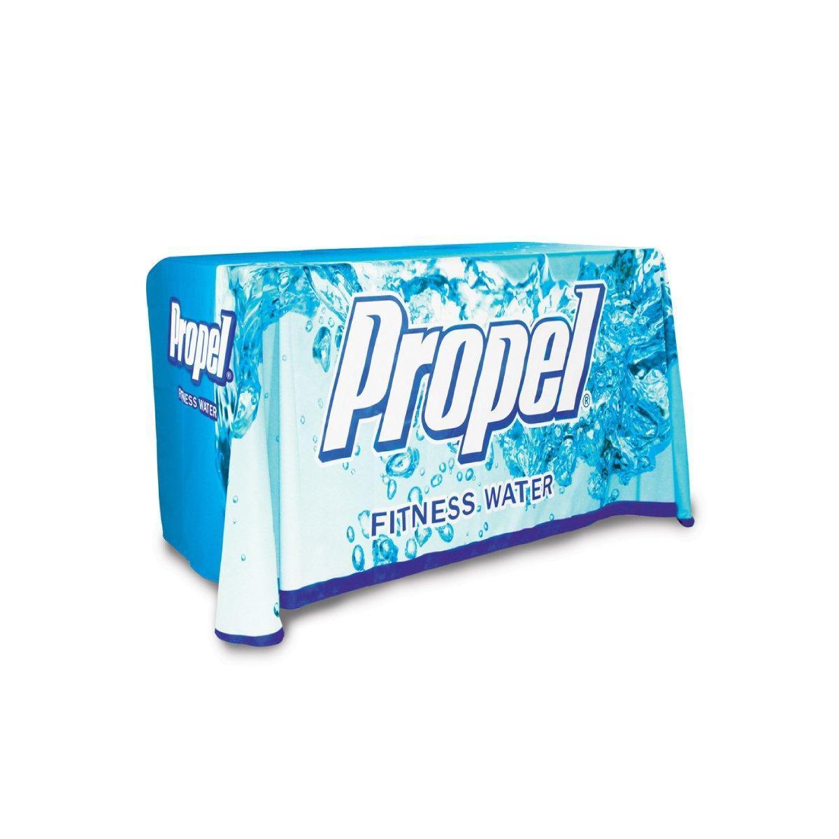 custom printed table throw branded with Propel Fitness Water for trade shows and exhibitions