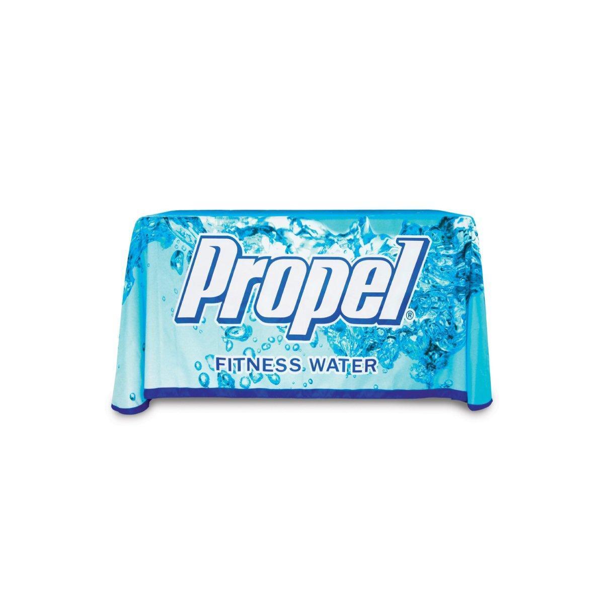 4ft custom printed table throw with Propel Fitness Water branding for trade show displays