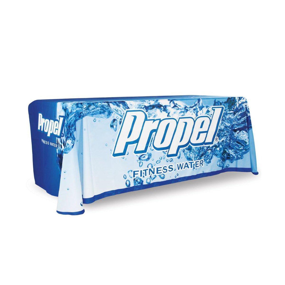 Trade show table cover with Propel Fitness Water logo and water splash design for exhibitions and events