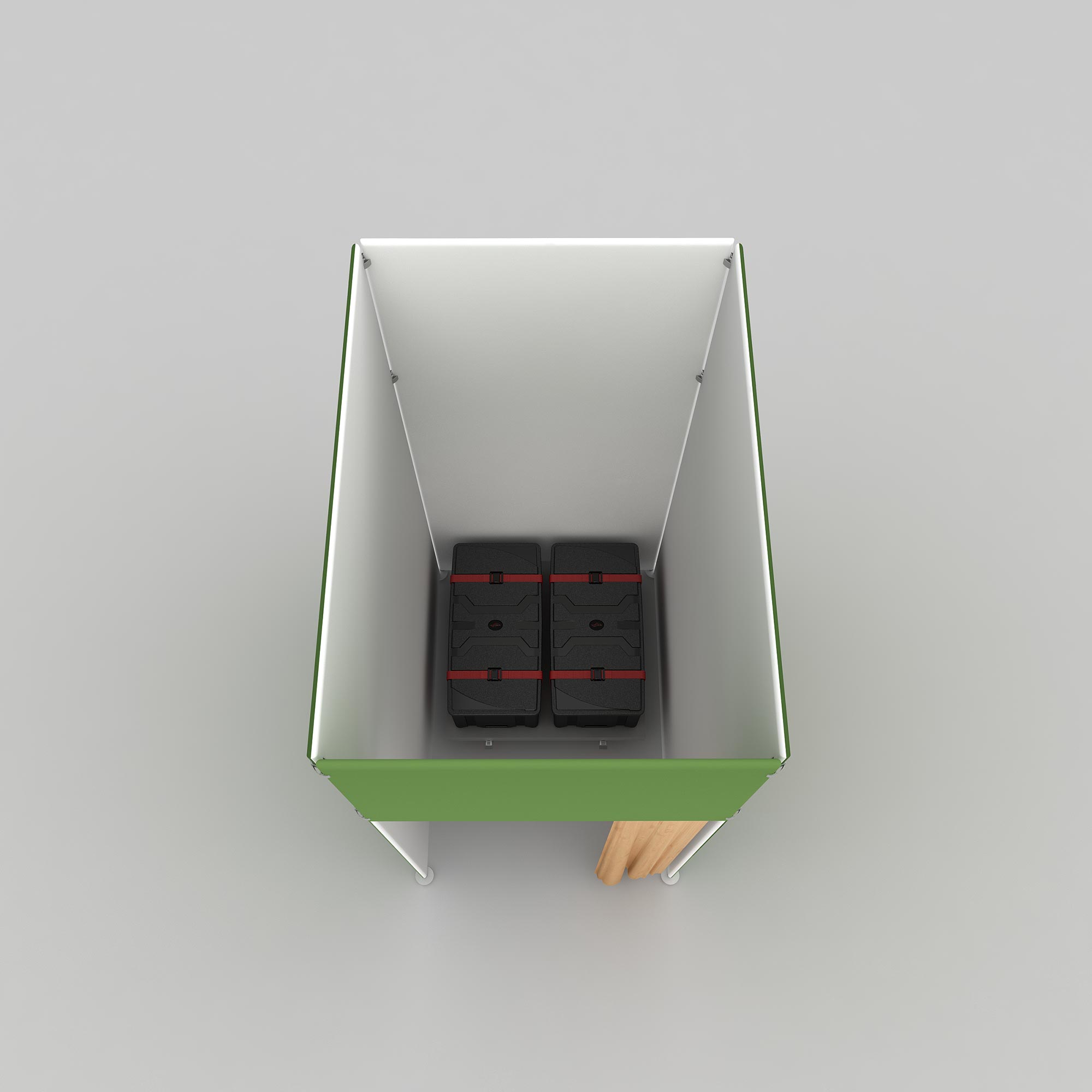 Compact trade show storage booth with secure cases and side hanging area for events and exhibitions