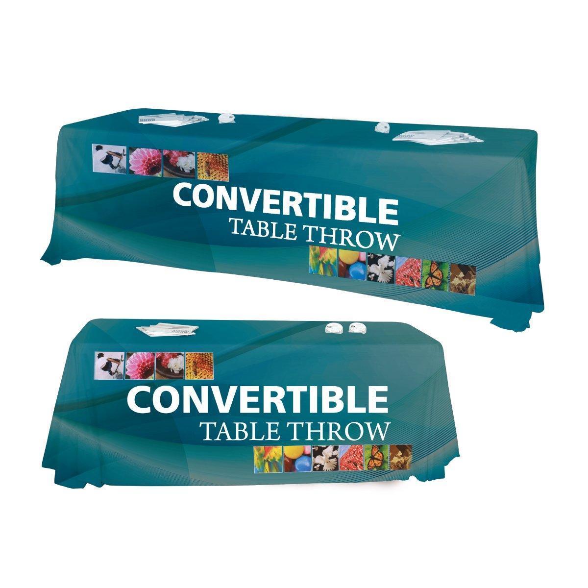 Convertible table throw displayed on trade show tables with promotional materials for exhibitions and events