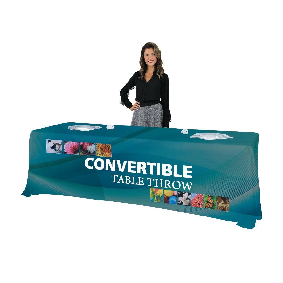 Trade show table with convertible table throw and marketing materials, ideal for exhibitions and events