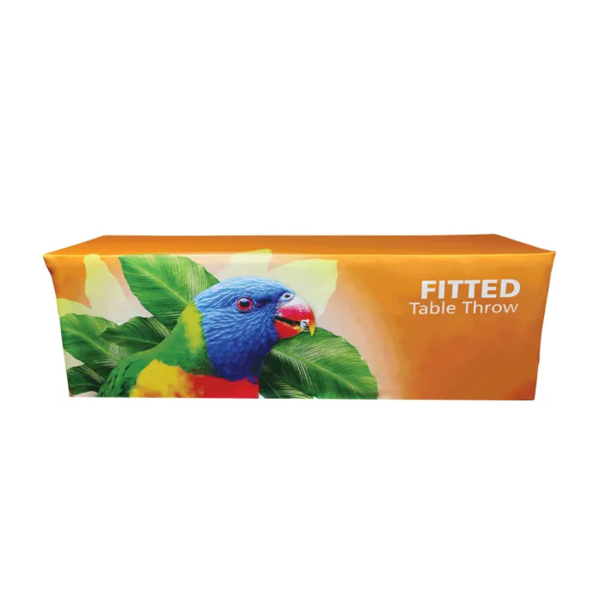 Fitted table throw with parrot design, ideal for trade shows, exhibitions, and special events