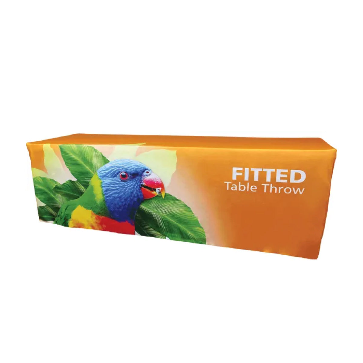 Fitted table throw with vibrant parrot and green leaf design for trade shows and exhibitions