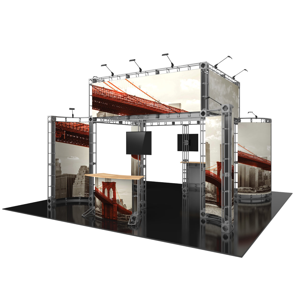 Modular truss display with large printed panels and monitors for trade shows and exhibitions