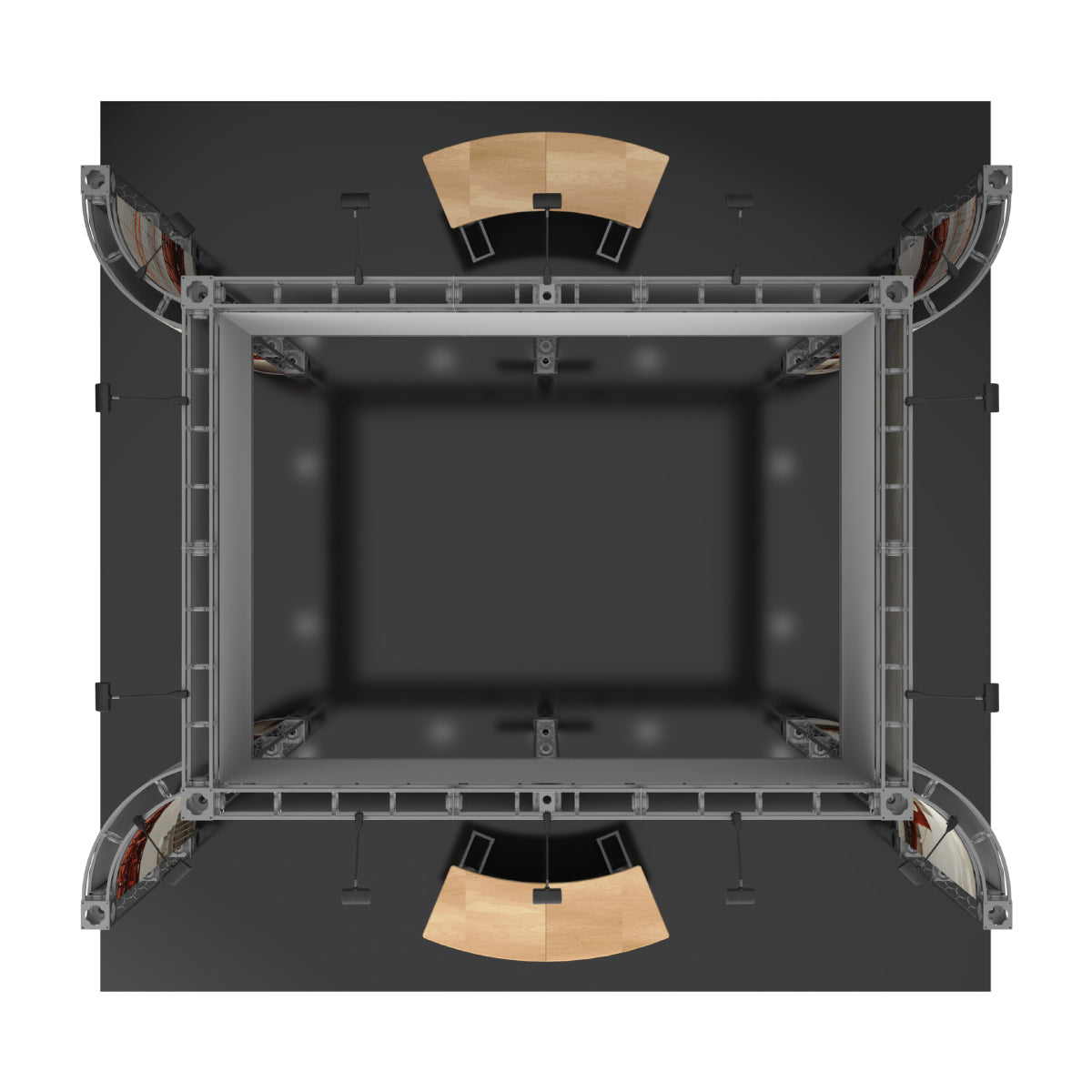 Top view of modular truss display setup with two curved meeting counters for trade shows and exhibitions