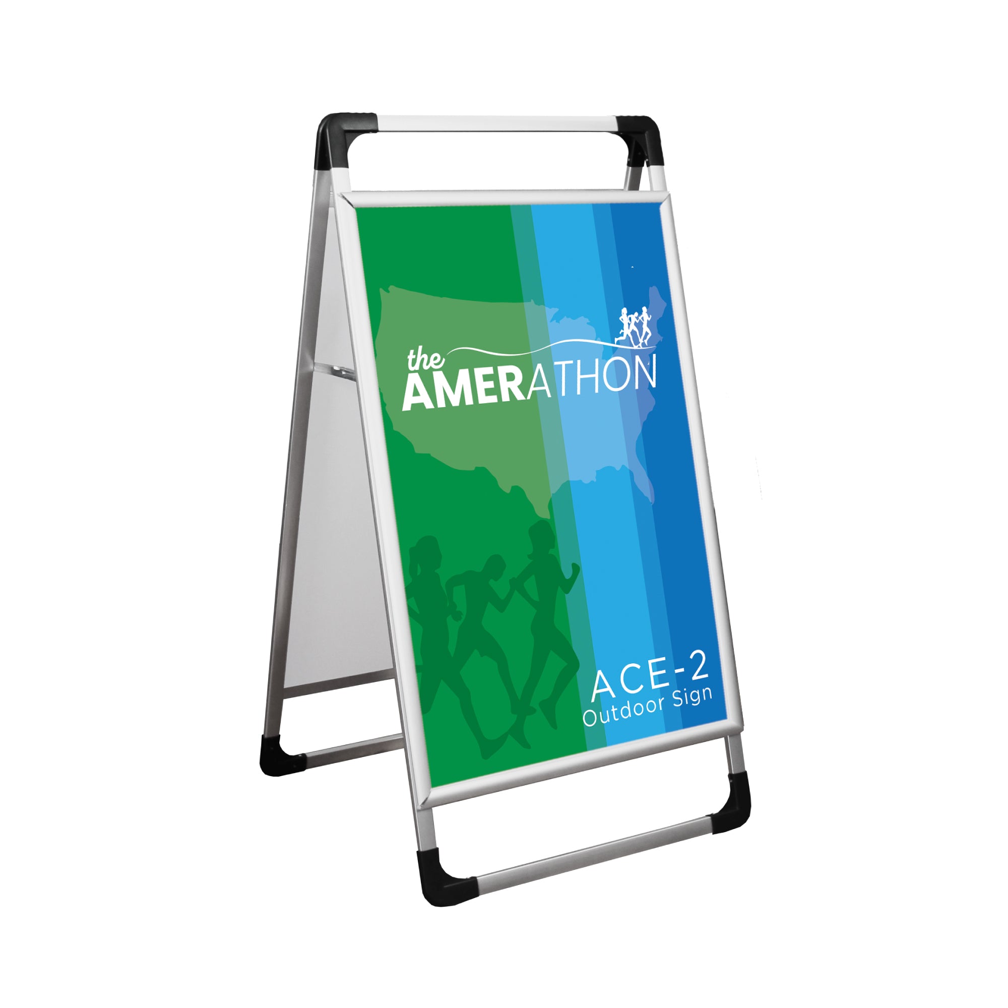 Portable A-frame outdoor sign for trade shows and special events displaying marathon advertisement