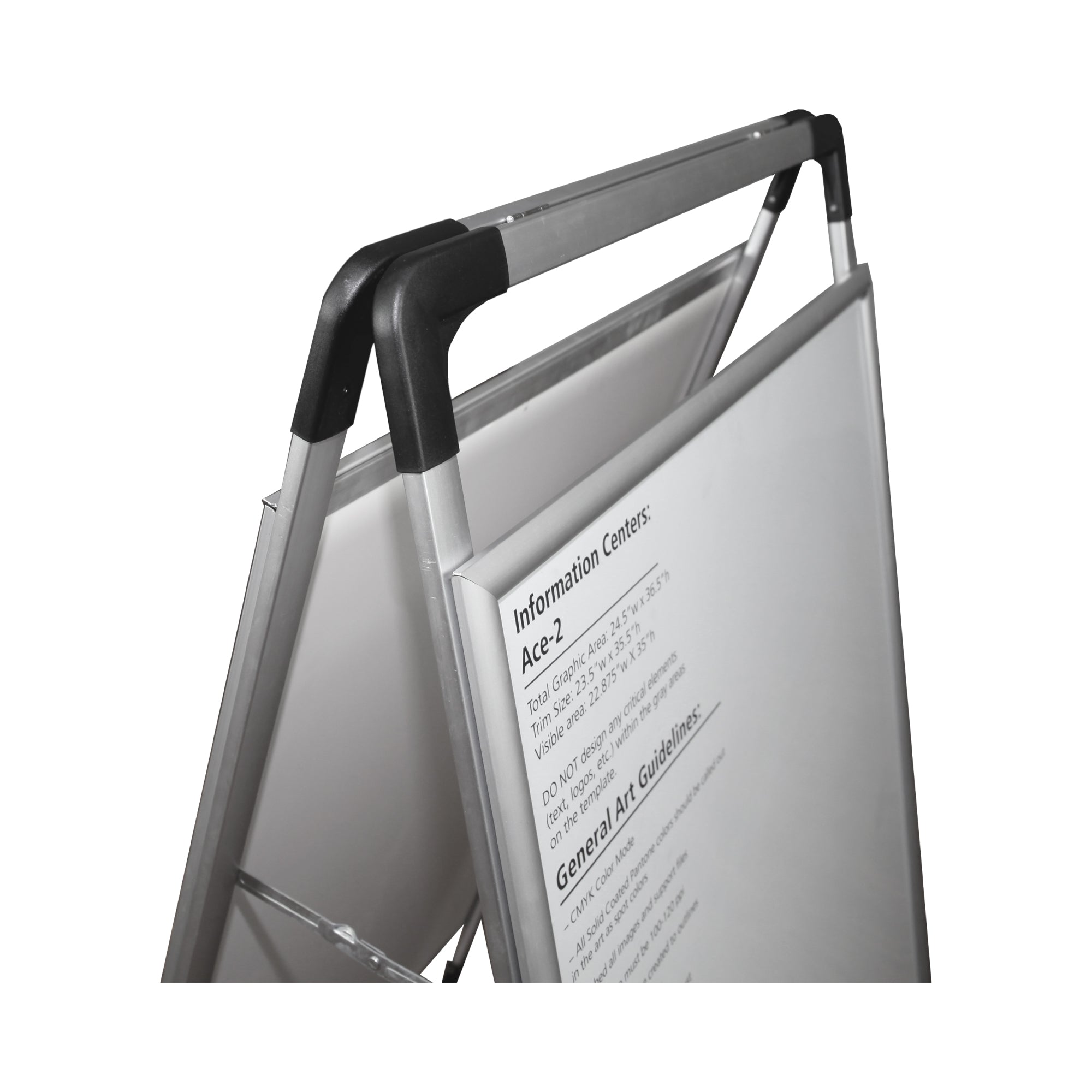 Double-sided freestanding information board with metal frame for trade shows and exhibitions