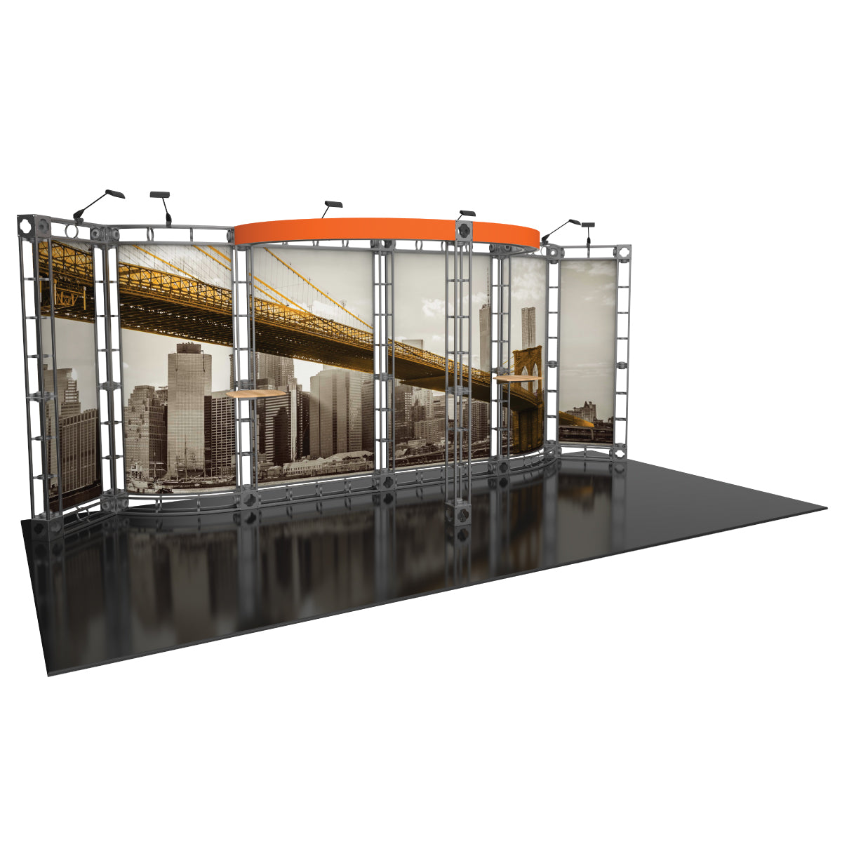 Modular trade show display with curved panel featuring city skyline and bridge graphic, equipped with spotlights and small shelves