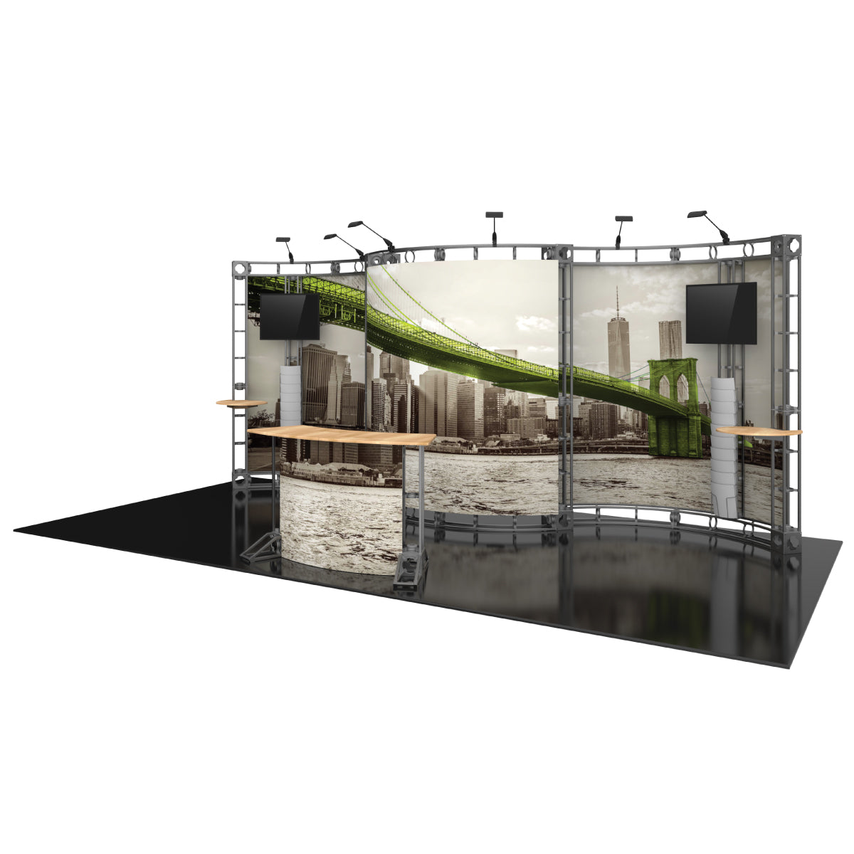Curved trade show display booth with cityscape graphic, dual monitors, and counters for exhibitions