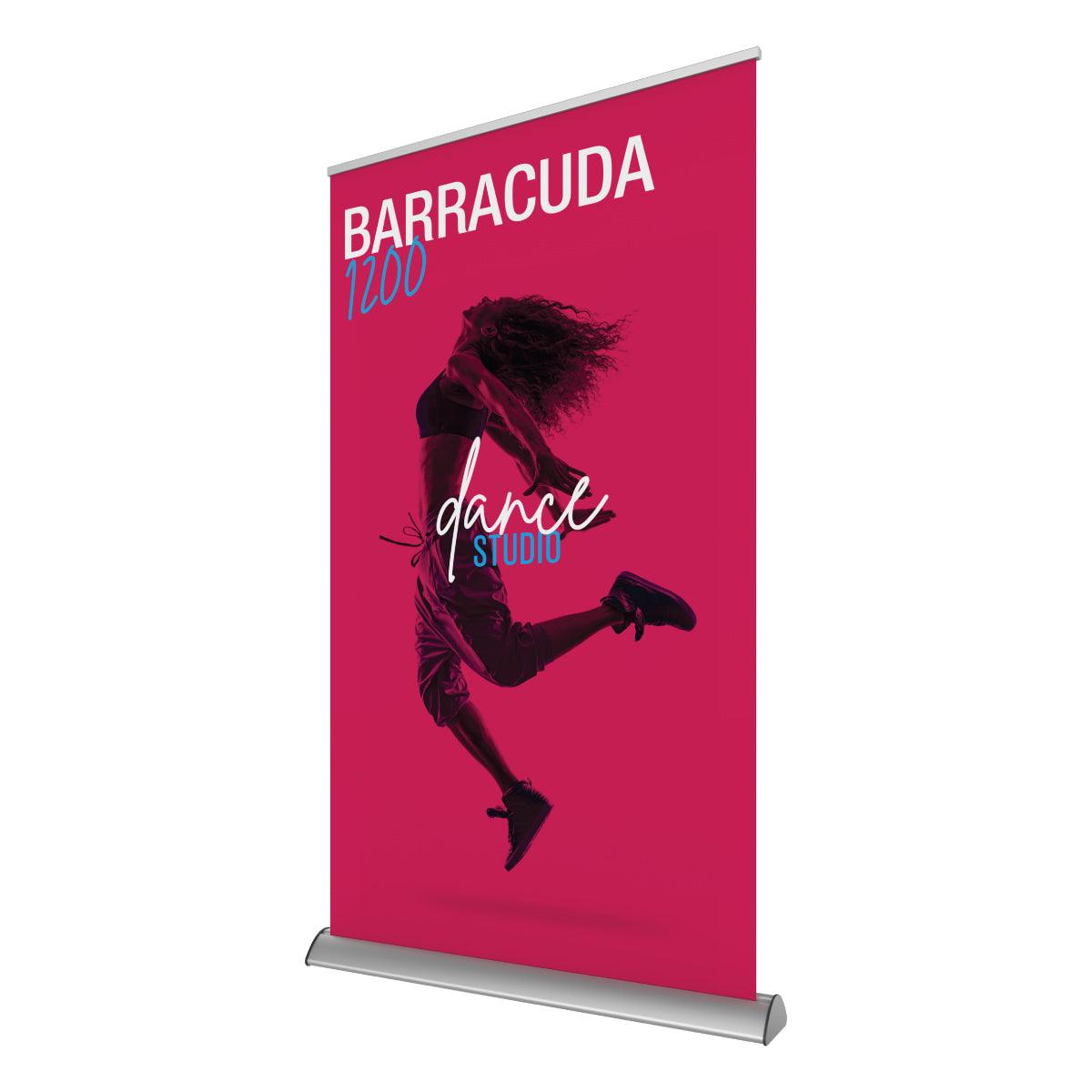 Retractable banner stand displaying dynamic dance studio advertisement for trade shows and exhibitions