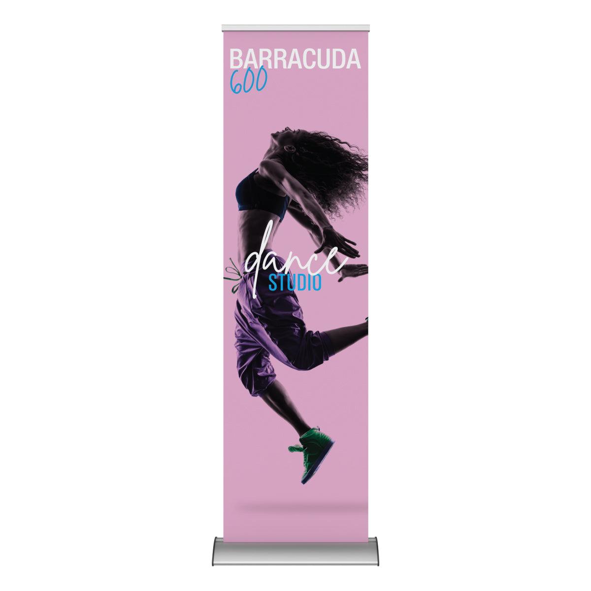 Retractable banner stand for trade shows featuring dynamic dance studio design with dancer jumping