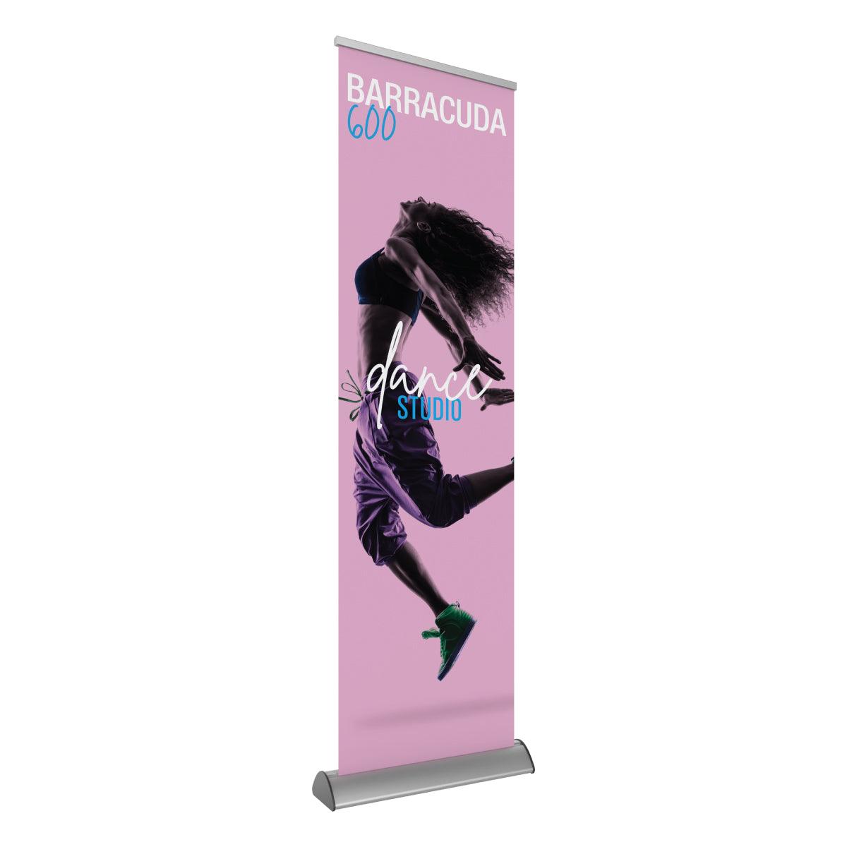 Barracuda 600 retractable banner stand featuring a dynamic dancer graphic for trade shows and exhibitions