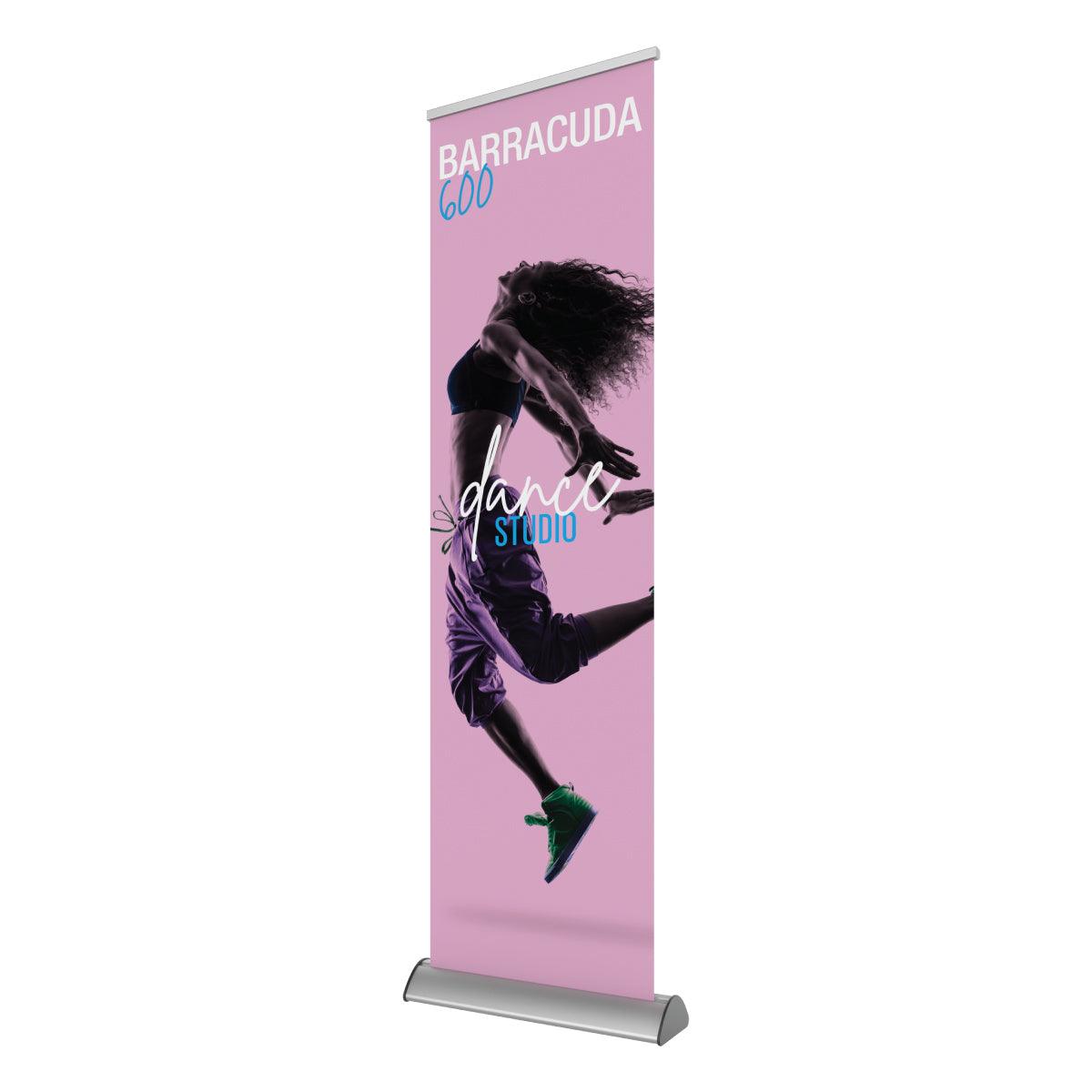 Vertical banner stand featuring dynamic dancer image and text for trade shows, exhibitions, and events