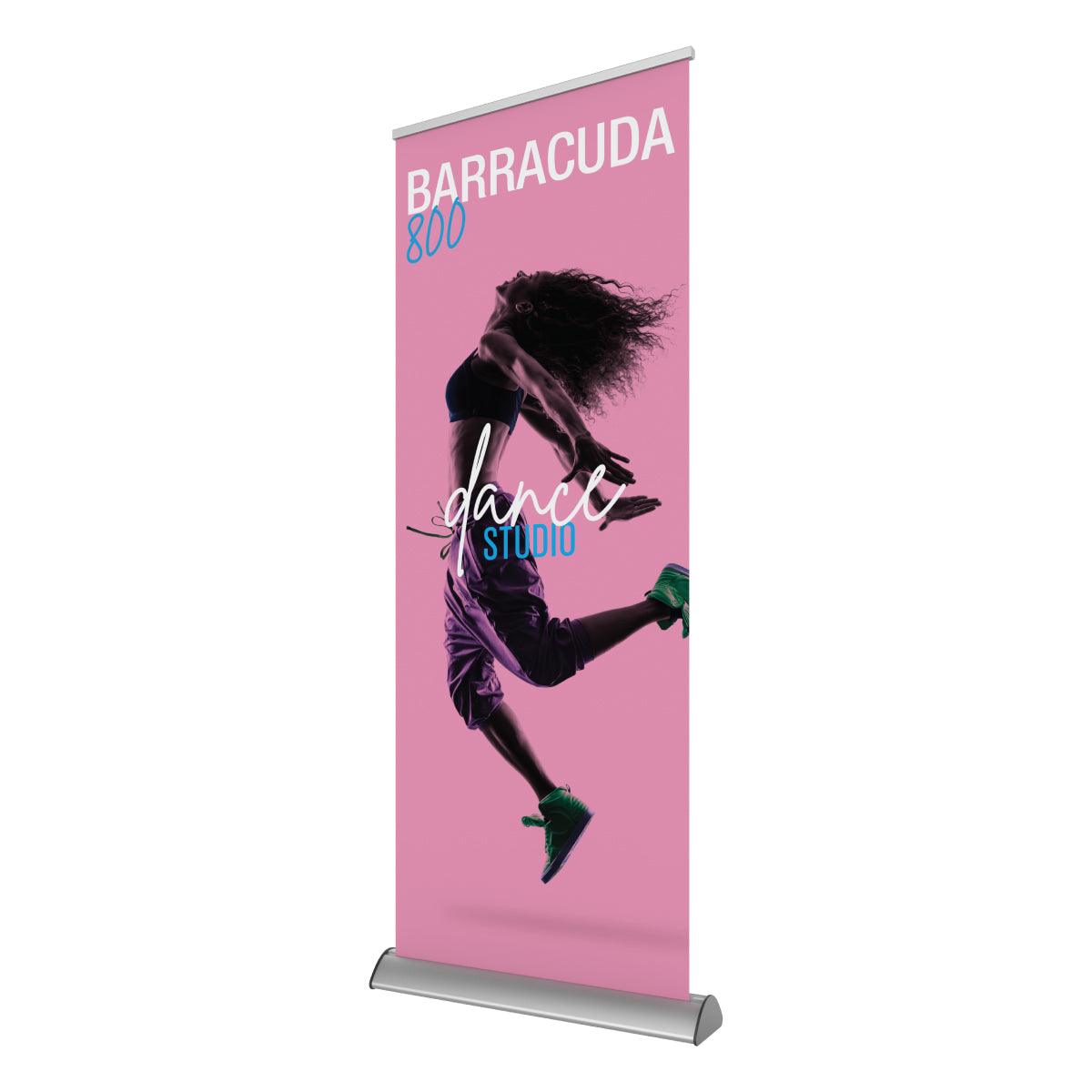 Freestanding banner stand featuring a dynamic dance studio graphic for trade shows and exhibitions