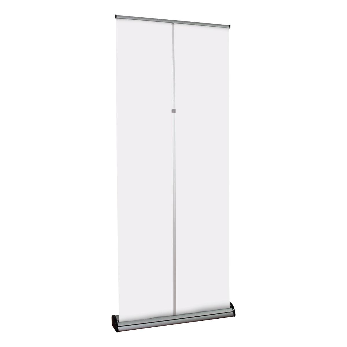 Retractable banner stand for trade shows and exhibitions with a blank printable display area