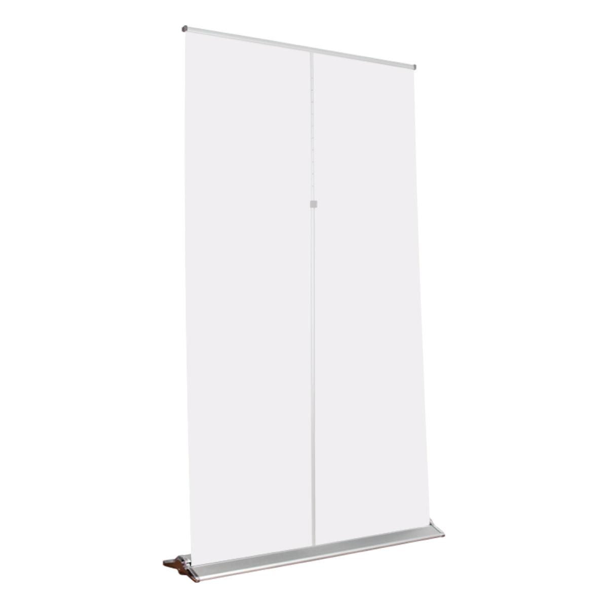 Retractable banner stand with blank display panel for trade shows, exhibitions, and special events